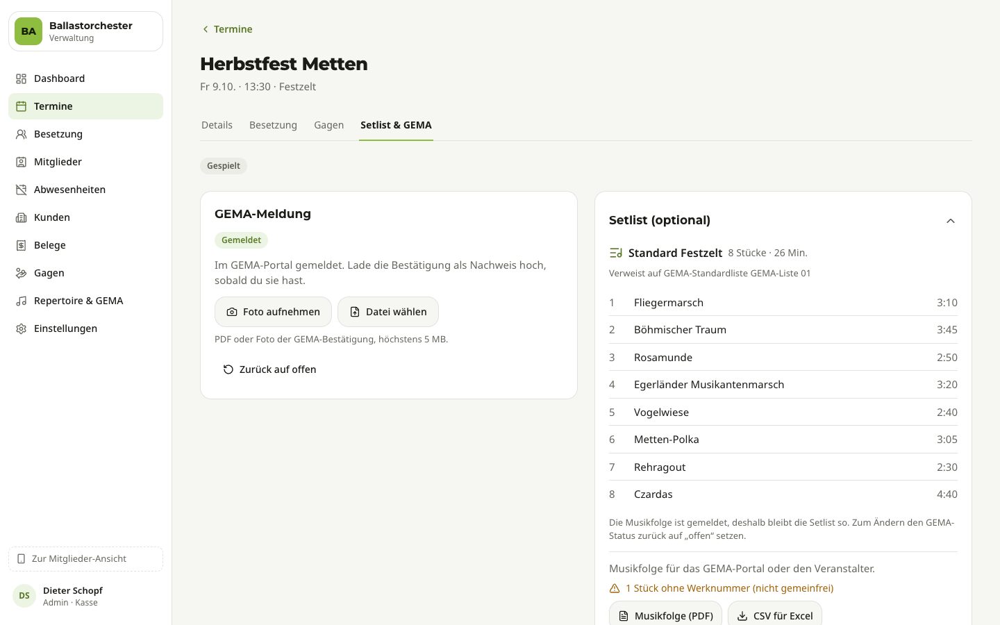 Setliste mit GEMA-Meldung